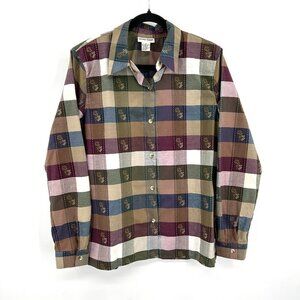 ALFRED DUNNER Vintage Womens Leaf Colorful Plaid Shoulder Pad Button Up Shirt 14